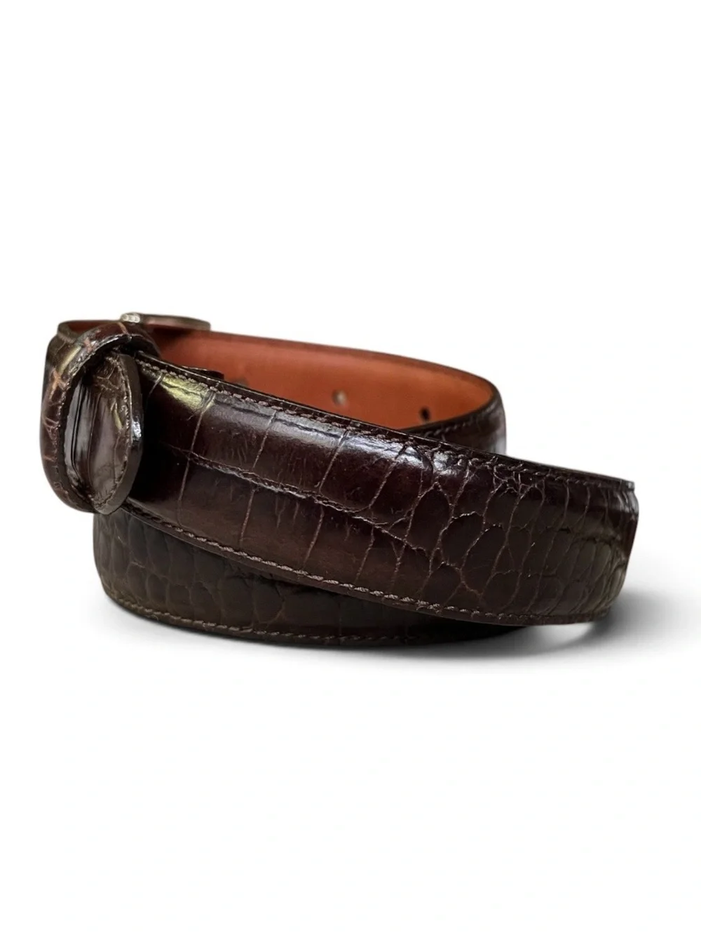 Vintage Ralph Lauren Crocodile Embossed Brown Leather Belt w/Silver Tone Buckle,